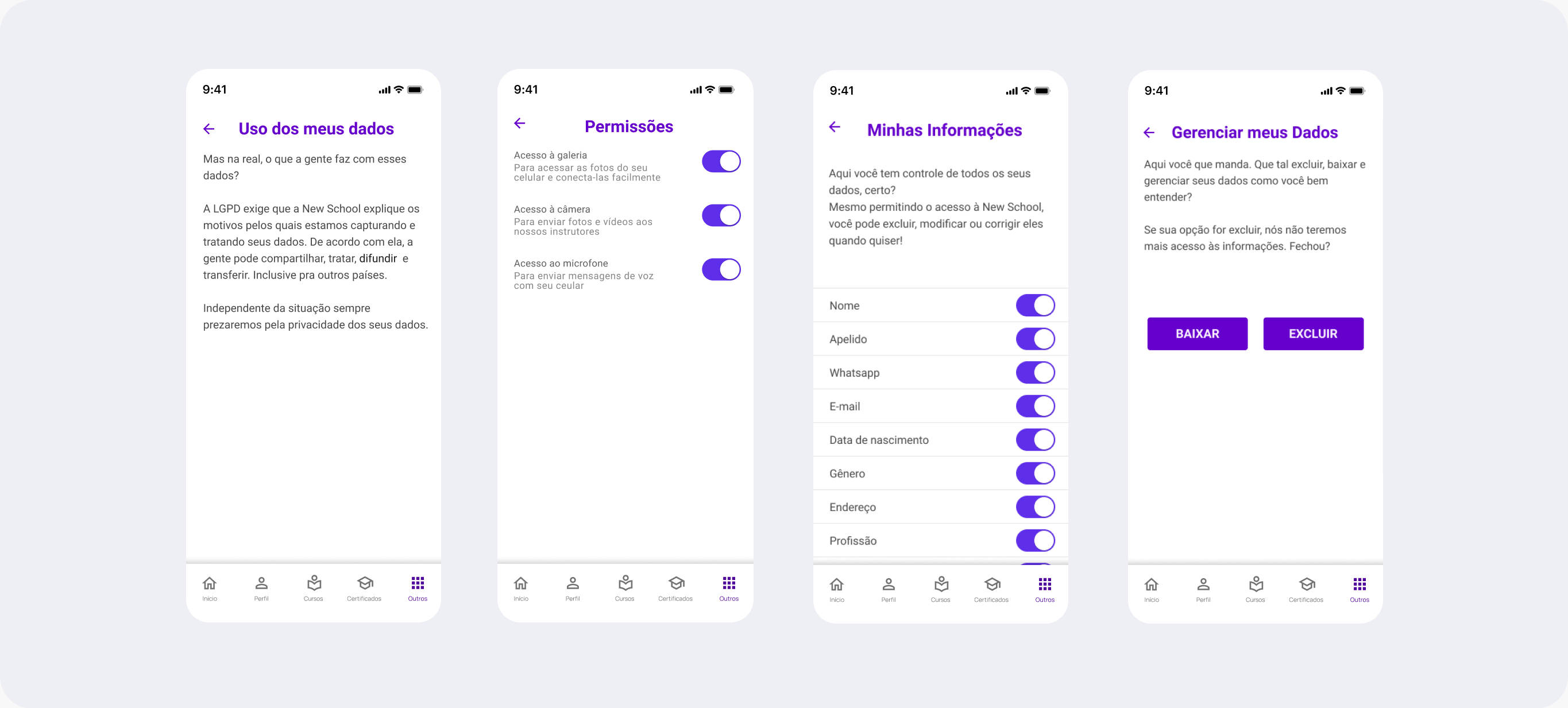 Data usage, permissions, personal information and data management screens