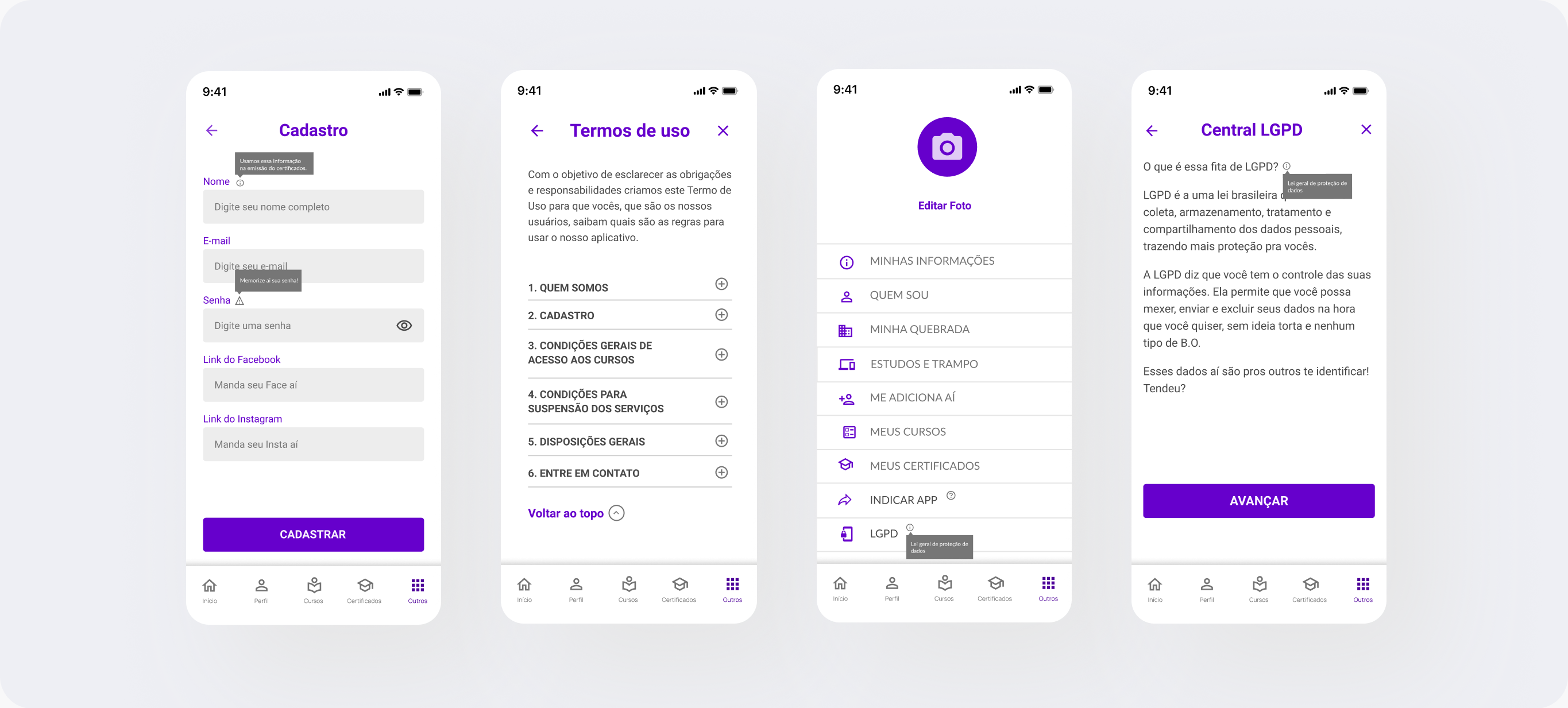 Sign-up, terms of use, sharing controls and the LGPD help centre