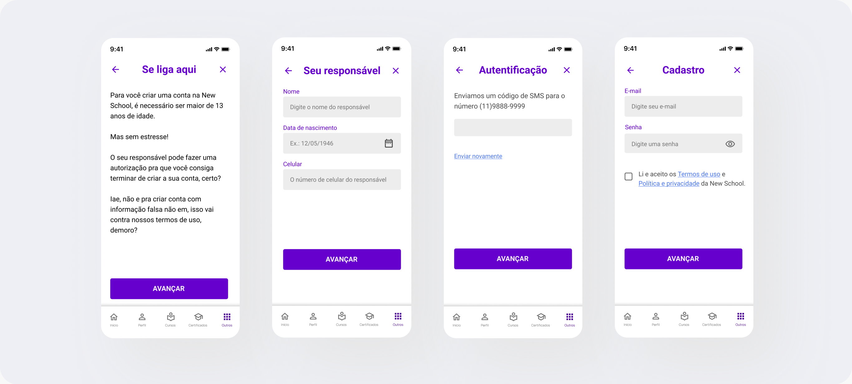 The under-13 flow: sign in, guardian details, SMS authentication and sign-up
