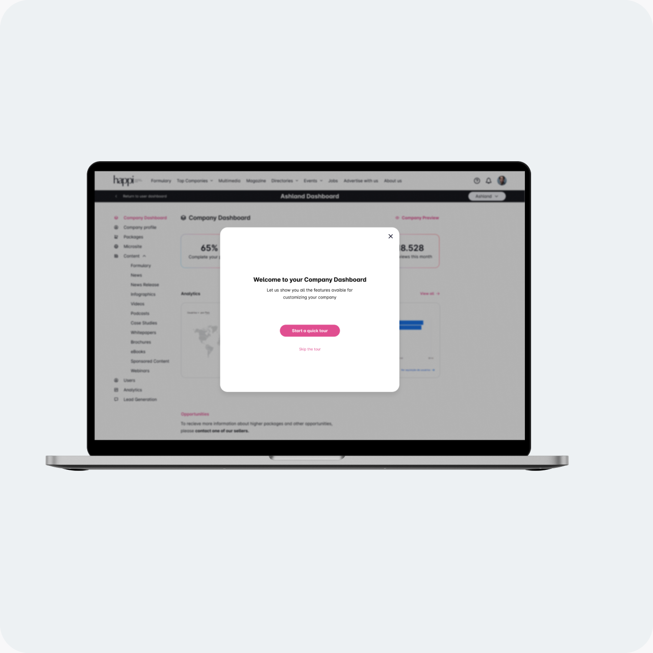 Onboarding tour dialog on the company dashboard